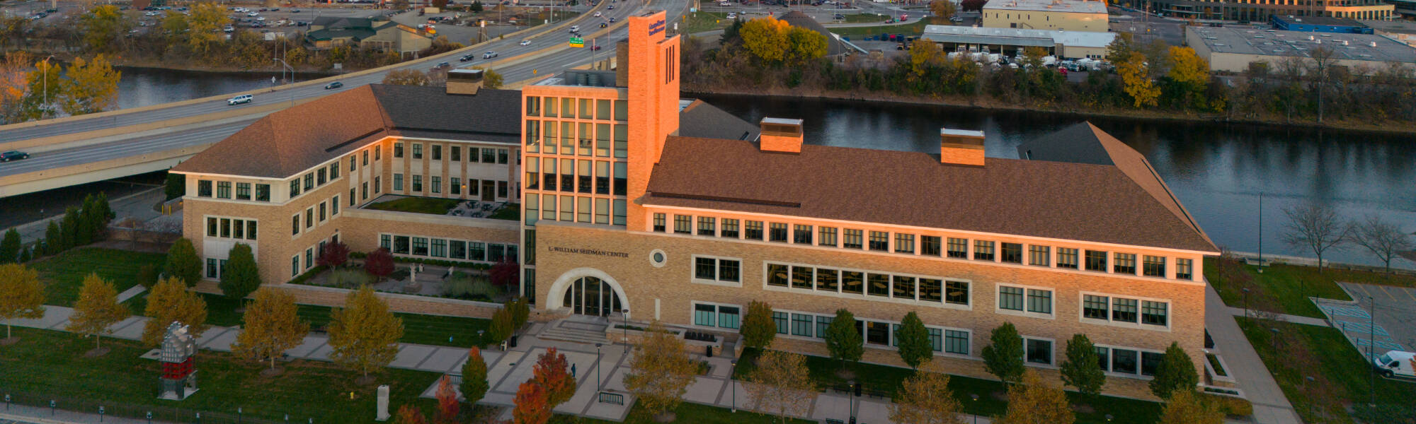 Exterior view of the L. William Seidman Center on Grand Valley State University's Pew Campus. Taken by Mitch Ranger with a drone in the Fall of 2022.